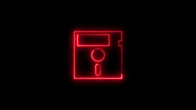 Neon floppy disk save icon animation on black background.
