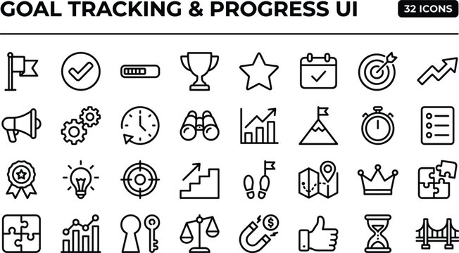Goal Tracking Progress UI Icon Set With Targets Achievements Milestones Productivity Planning And Success Management Symbols