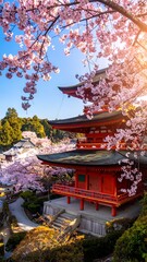 Obraz premium Vibrant Red Pagoda Surrounded by Blooming Cherry Blossom Trees in Japanese Temple Garden