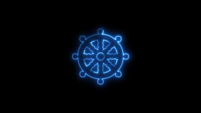 Animated blue neon dharma wheel rotating on black background motion.