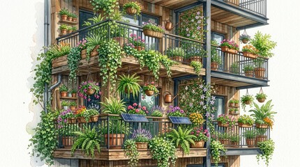 Fototapeta premium Colorful balcony garden with lush plants flowers and outdoor furniture