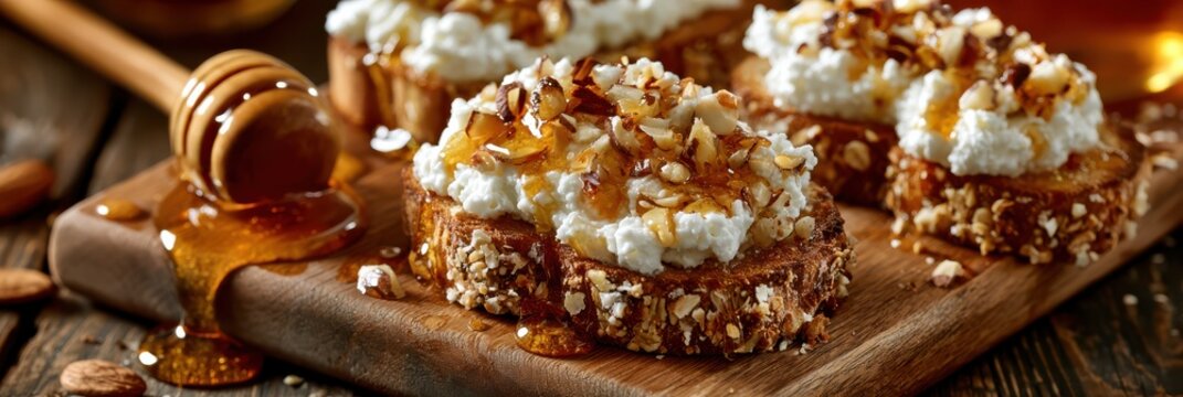 Toasted multigrain bread topped with creamy ricotta cheese, chopped nuts, and honey drizzle on a rustic wooden board.