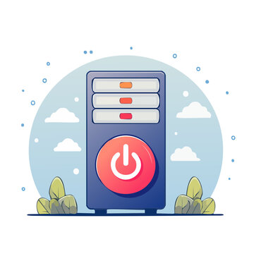 Flat design illustration of a server with power button