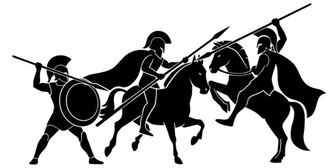 Obraz premium Vector silhouette of three ancient warriors in battle, two on horseback with spears and one on foot with shield. Minimalist design symbolizing history, combat, and classical heritage.