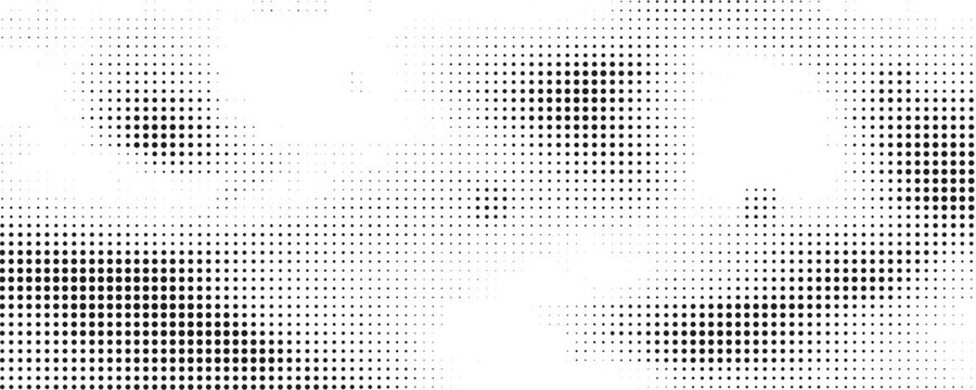 Random halftone. Pointillism style. Background with irregular, chaotic dots, points, circle. Abstract monochrome pattern. Black and white color. Vector illustration