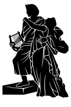 Vector silhouette of two draped figures, one holding a lyre, the other leaning close. Minimalist design symbolizing myth, art, and ancient Greek or Roman heritage.