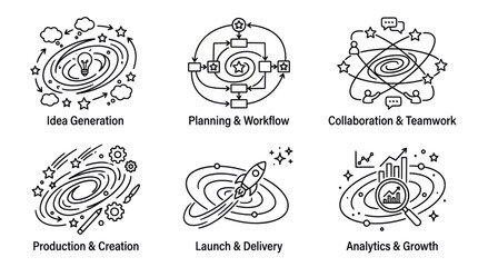 Business Process Icons: Idea, Planning, Teamwork, Creation, Launch, Analytics © kholid