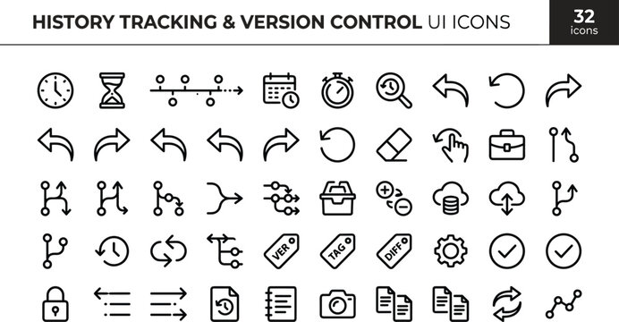 History Tracking Version Control UI Icon Set With Timeline Branches Revisions Sync And Software Workflow Symbols