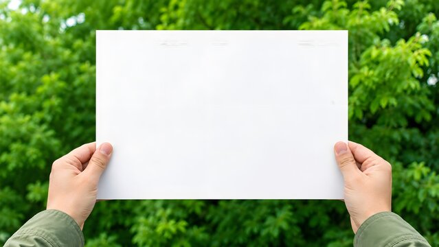 A close-up shot of a pair of hands holding up a rectangular, blank white sign board against a background of vibrant green foliage.
