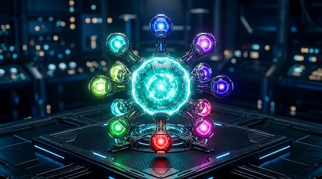 Orbital energy core with glowing spheres a futuristic 3d rendering on a dark surface