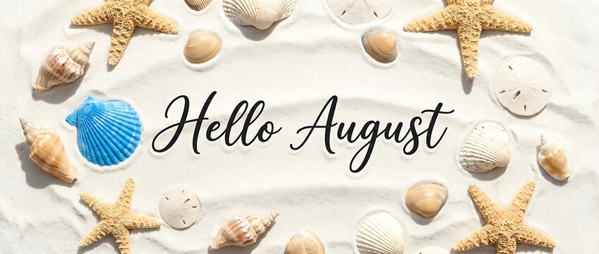 Hello august text on white sand framed by starfish seashells sand dollars and a blue shell.