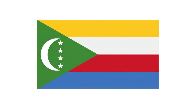 Distinctive flag of the Comoros with horizontal yellow white red blue stripes and green triangle at hoist containing white crescent and four stars for the main islands


