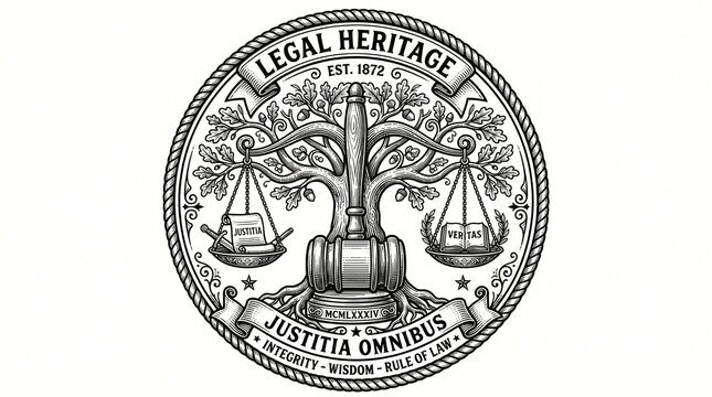 Vintage Legal Heritage Seal Badge with Oak Tree Scales of Justice and Wooden Gavel