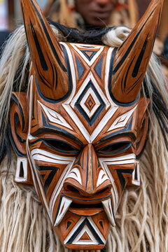 Intricate Bulgarian Kukeri Mask Crafted from Natural Fibers and Embellished with Bold Colors, Conveying a Sense of Cultural Heritage and Mystique