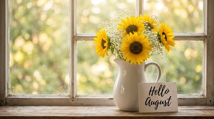 hello august greeting card with sunflowers in white pitcher on windowsill rustic farmhouse decor summer bloom sunny day blurred garden background floral bouquet celebration welcome. © Stocker