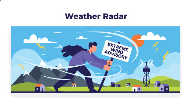 Weather radar graphic showing a man struggling in extreme wind advisory during a powerful lightning storm.