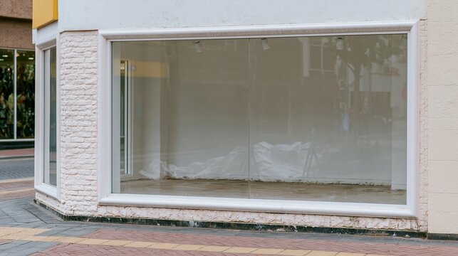 Empty glass storefront window on a modern street corner, displaying a clean translucent reflected facade for retail advertising and branding mockup