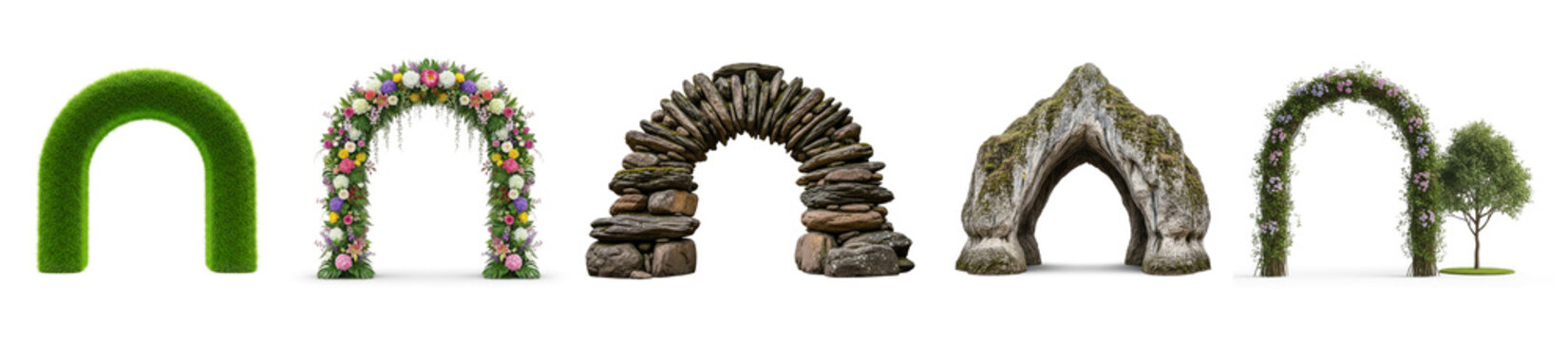 A series of arched structures are displayed against a transparent background. The structures are made of various materials and decorated with green foliage.