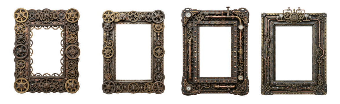 A set of four ornate, steampunk-style picture frames are displayed against a black background. Each frame is intricately designed with gears, cogs, and metallic embellishments in a bronze or gold
