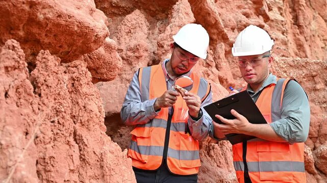 Expert geologists are collaborating to examine rocks from the soil layers of a mine.