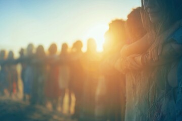 Fototapeta premium Diverse group of people standing with arms around each other at sunset, creating a glowing silhouette for community and solidarity concepts