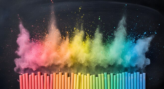 Rainbow colored chalk powder explosion on black background