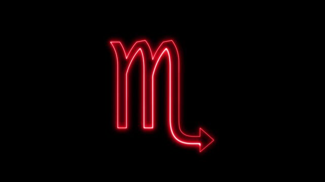 Red neon scorpio zodiac sign glowing on black background motion.