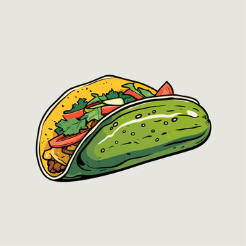 Cartoon illustration of a taco with a pickle shell