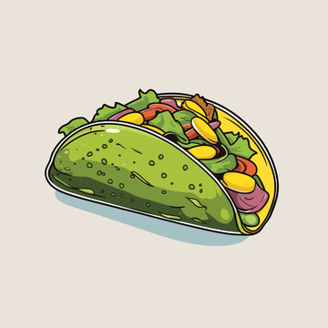 Cartoon illustration of a delicious taco with a green shell