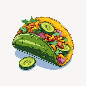 Illustration of a fresh taco with cucumber slices, cilantro, and vegetables