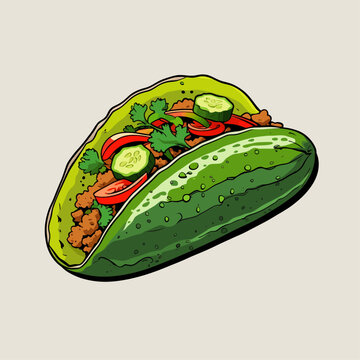 Illustration of a taco made with a cucumber shell filled with ground meat, tomato slices, and fresh cilantro