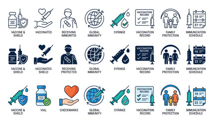 Fototapeta premium Vaccination and immunization icons for healthcare and safety