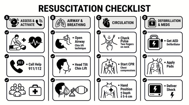 Emergency resuscitation checklist with cpr steps and life saving icons