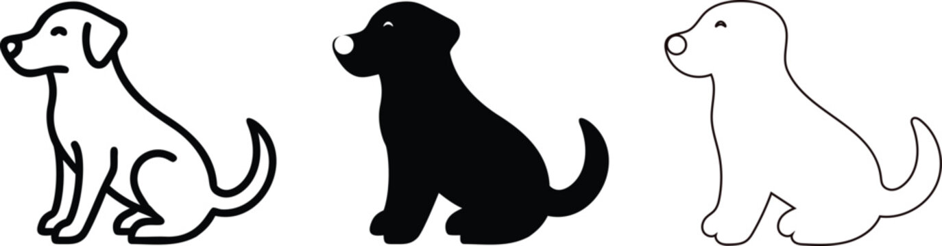 Set of three cute sitting dog icons in different styles