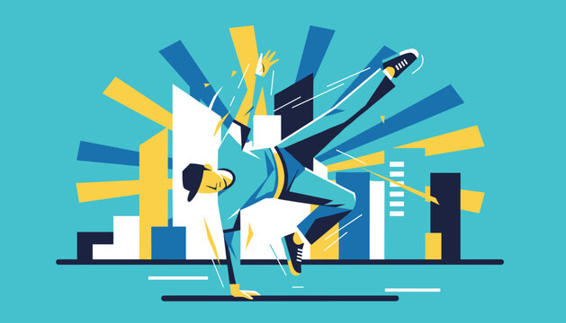 Energetic breakdancer performing dynamic street dance moves with a stylized abstract city background in vibrant colors.