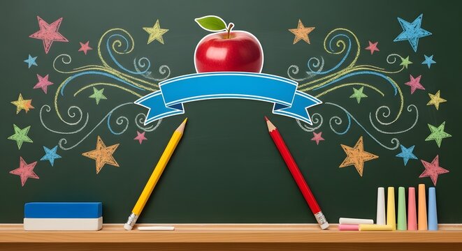 Back to school concept with red apple, pencils, and colorful chalk stars on a green chalkboard background