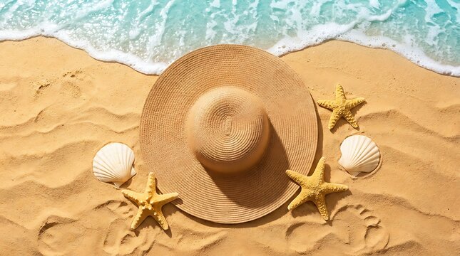 Overhead view of beach essentials including straw hat starfish and seashells on wet sand with gentle ocean waves approaching for summer vacation relaxation.