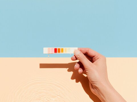 Hand holding a ph water test strip showing color reactions, clean wet chemical indicator held over a bright rippled surface for pool maintenance