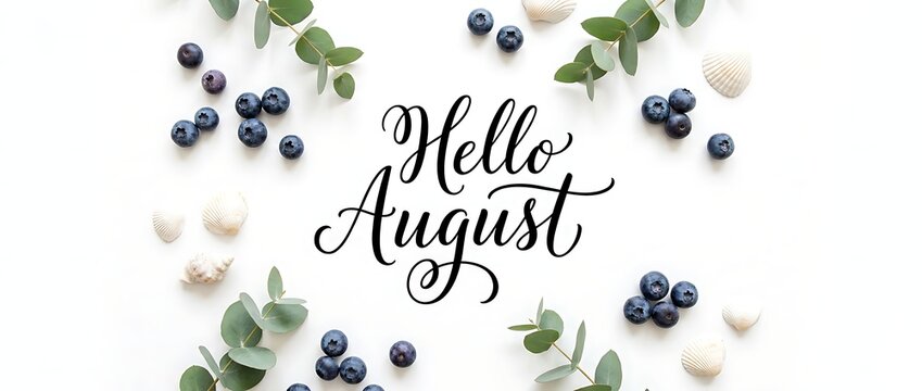 Hello August Text with Blueberries and Eucalyptus Leaves on White Background