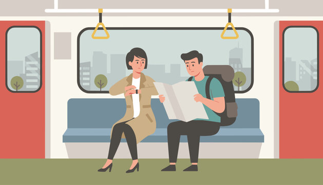 Lost tourists inside a metro train checking a paper map and looking at a wrist watch while traveling in the city.