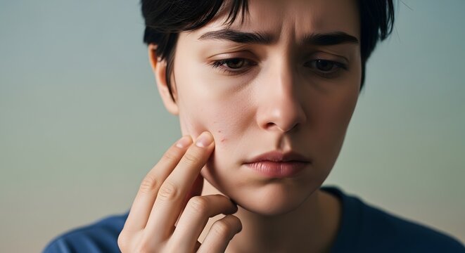 Young person touching skin with pimple feeling insecure and concerned
