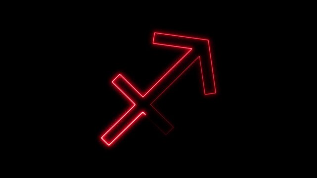 Sagittarius zodiac sign glowing with red neon light on black background.