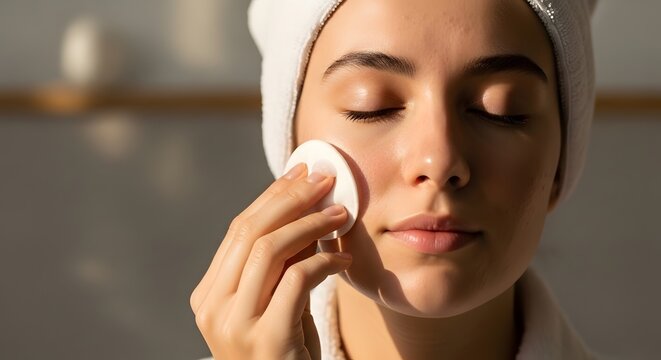 Young woman with head wrap cleansing facial skin with cotton pad at home