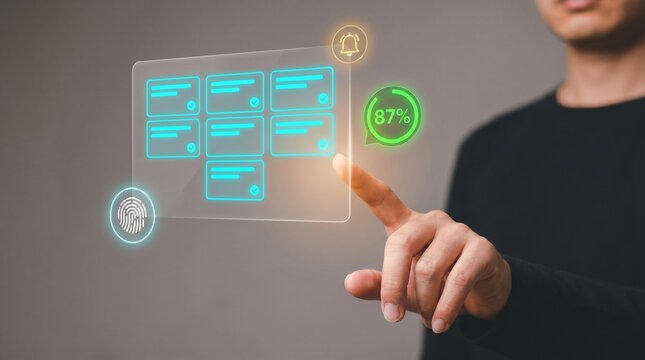 Businessman Touches Glowing Panel to Manage Message Cards, Trigger Notification Bell, Track Progress Percentage, Scan Fingerprint Access, and Organize Digital Workflow