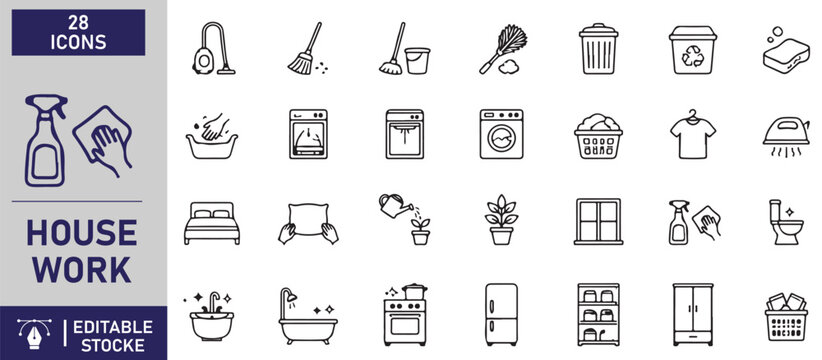 A set of 28 housework outline icons