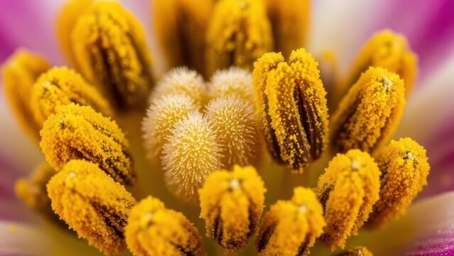 Detailed macro shot of a flower's vibrant yellow stamens and pollen-covered anthers, showcasing intricate botanical details.