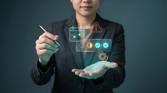 Businesswoman Writes with Pen to Manage Task Status Schedule, Display Calendar Date Icon, Trigger Warning Alert, Confirm Toggle Checkmarks, and Configure Settings Workflow