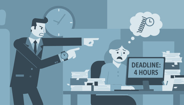 Angry corporate boss shouting at a stressed female employee whose computer screen shows a deadline of four hours.