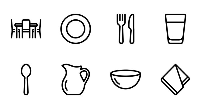 Minimalist Dining Icons: Table Setting, Plate, Cutlery, Glass, Pitcher, Bowl, Napkin