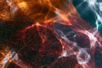 Fototapeta premium Amber and ruby light caustics on dark slate texture, featuring glowing liquid reflections and wet mineral grain for cocktail bar branding and hospitality graphics